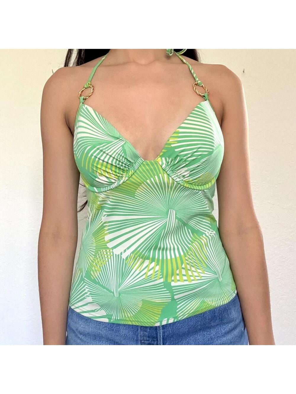 Y2K Victoria’s Secret Tankini Green Palm Print Halter Top
